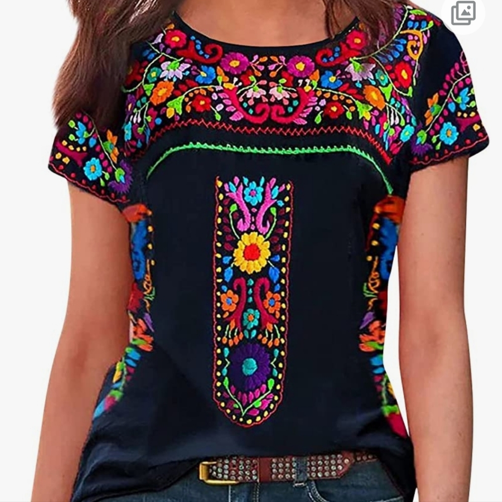 Navy boho/Mexican floral shirt